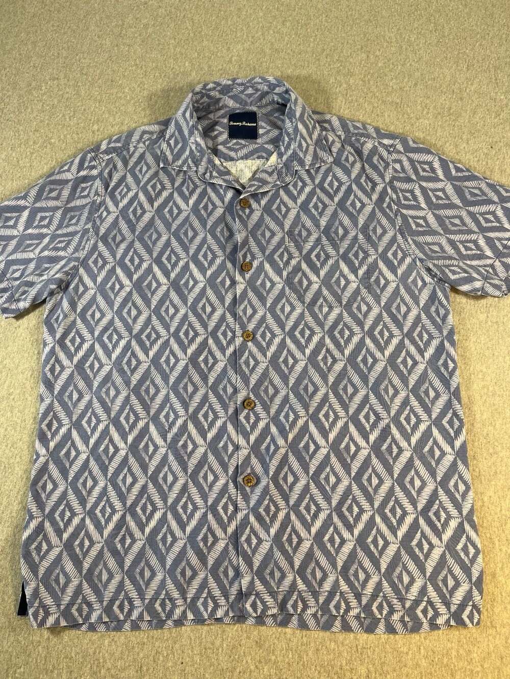 Tommy Bahama Blue Geometric Diamond Print Silk Blend Short Sleeve Shirt Men’s L